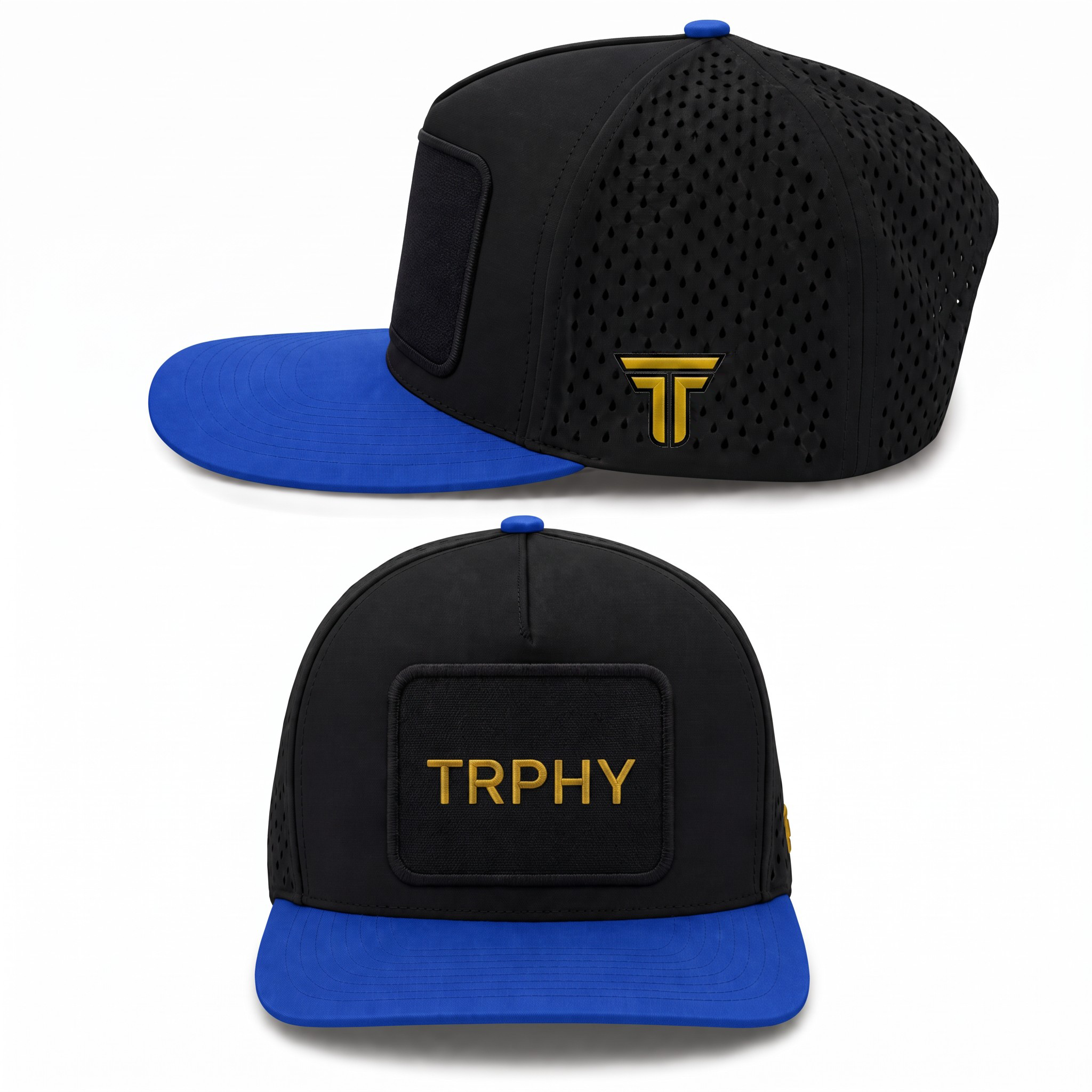 TRPHY five panel patch hat in black with a royal blue bill, front and side views