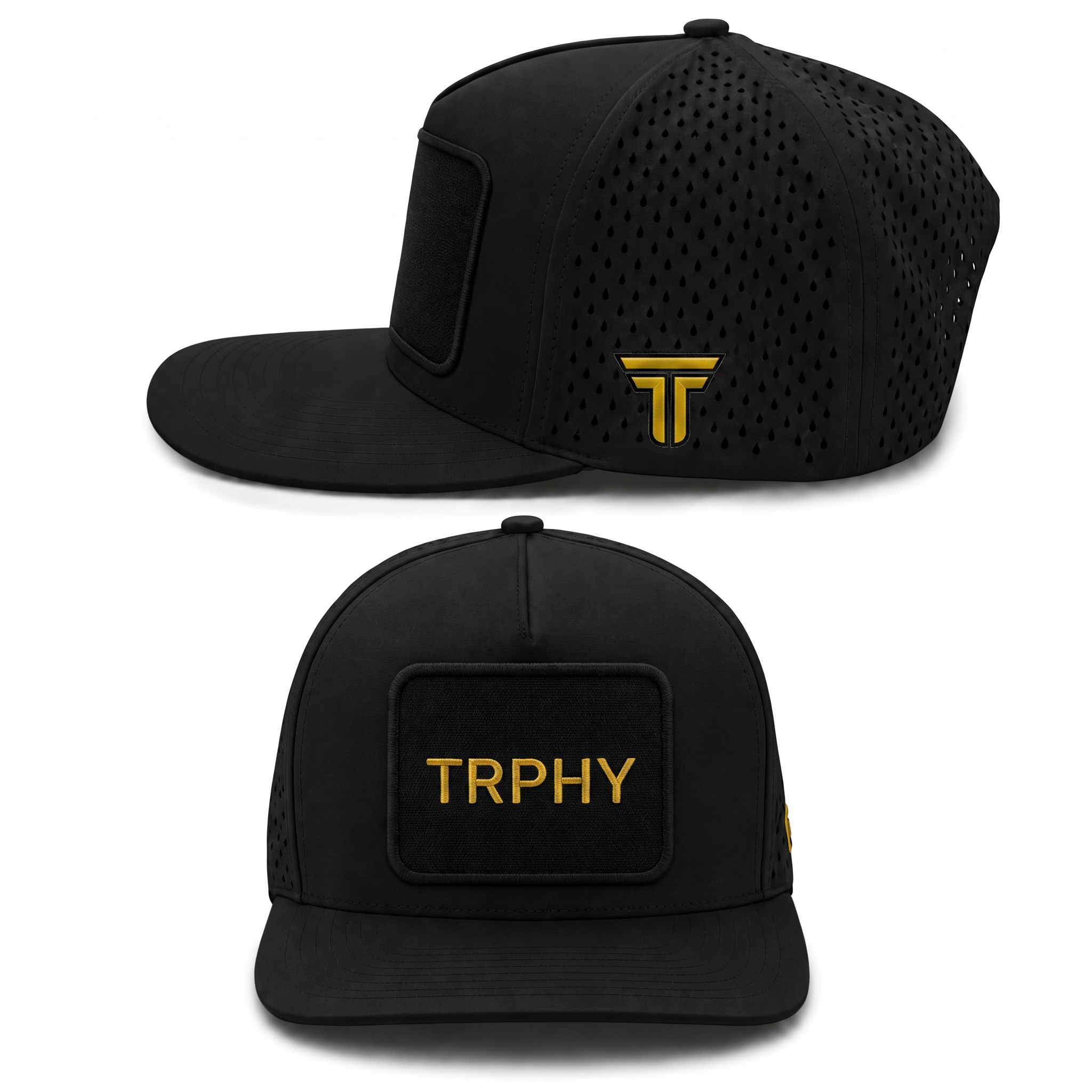 TRPHY five panel patch hat in black, front and side views