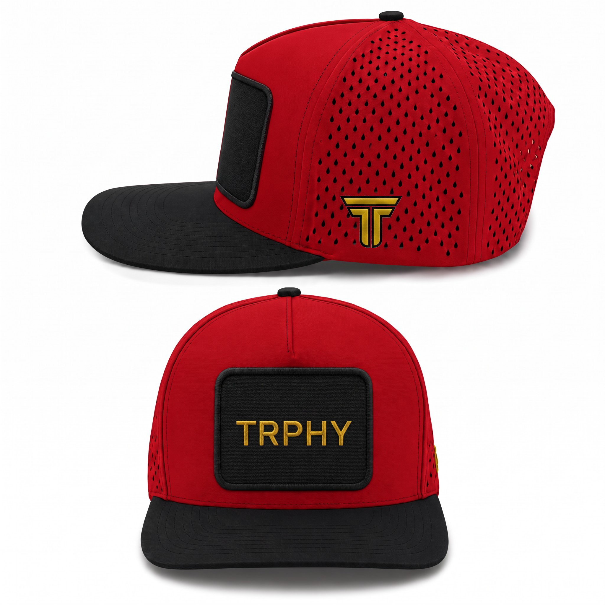 TRPHY five panel patch hat in red with a black bill, front and side views