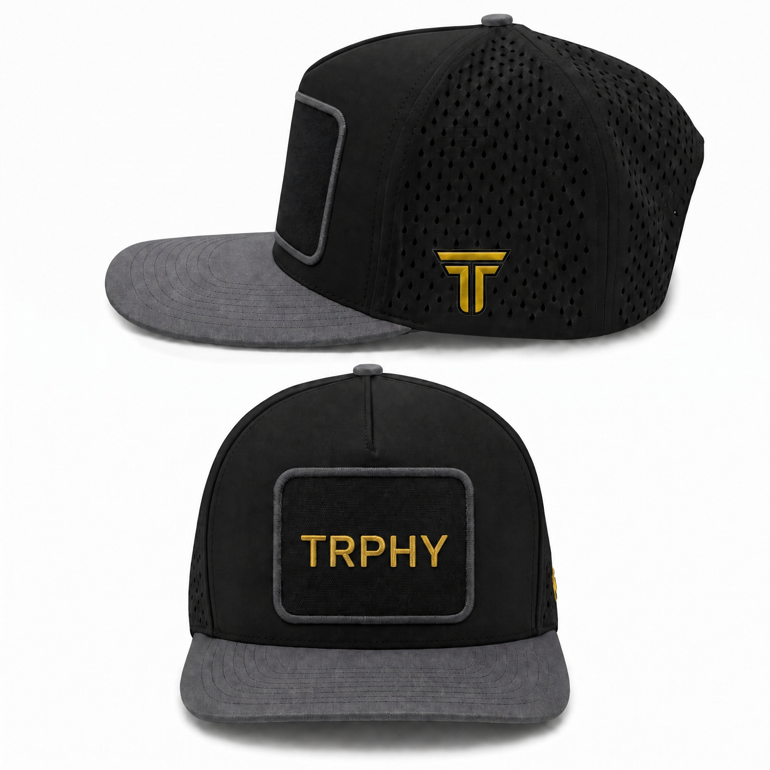 TRPHY five panel patch hat in black with a grey bill, front and side views