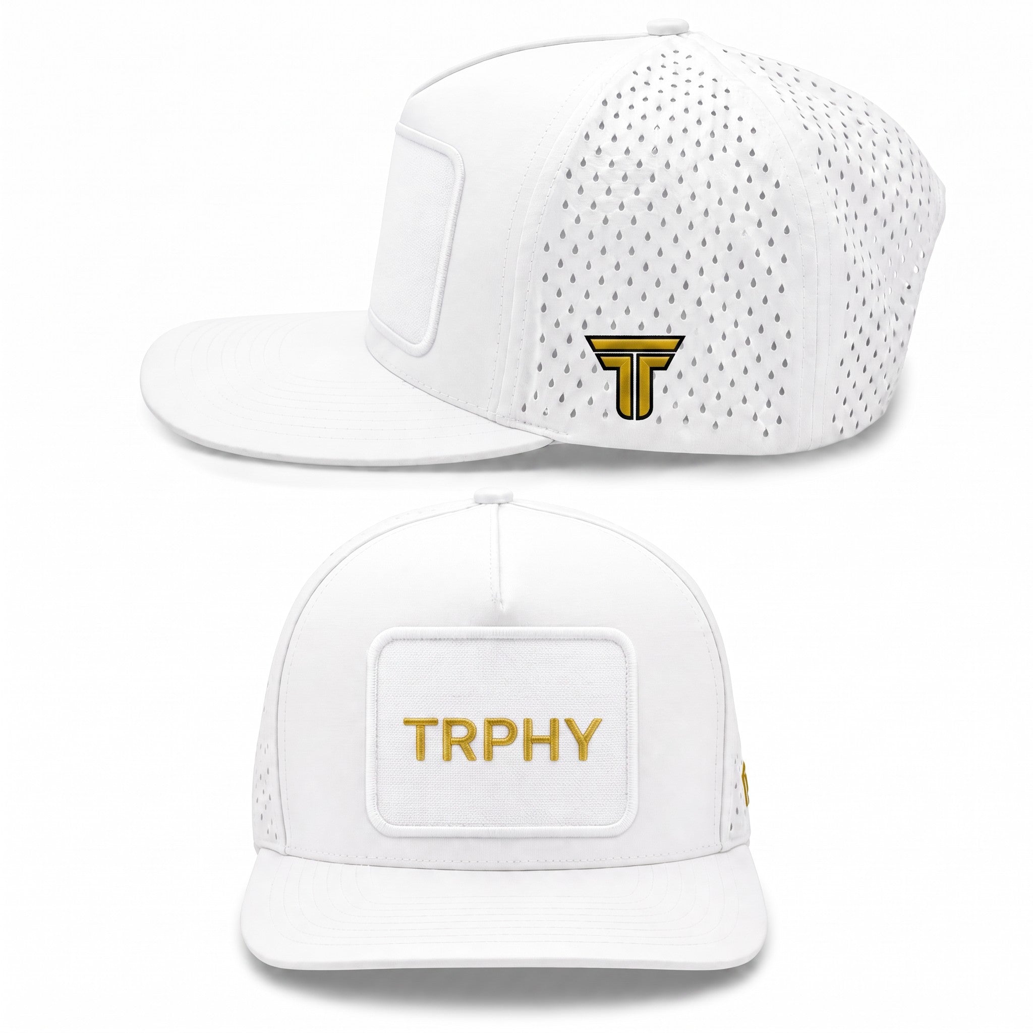 TRPHY five panel patch hat in white, front and side views