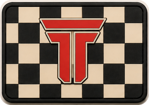 Checkerboard T patch, black and cream checkers behind a red TRPHY mark