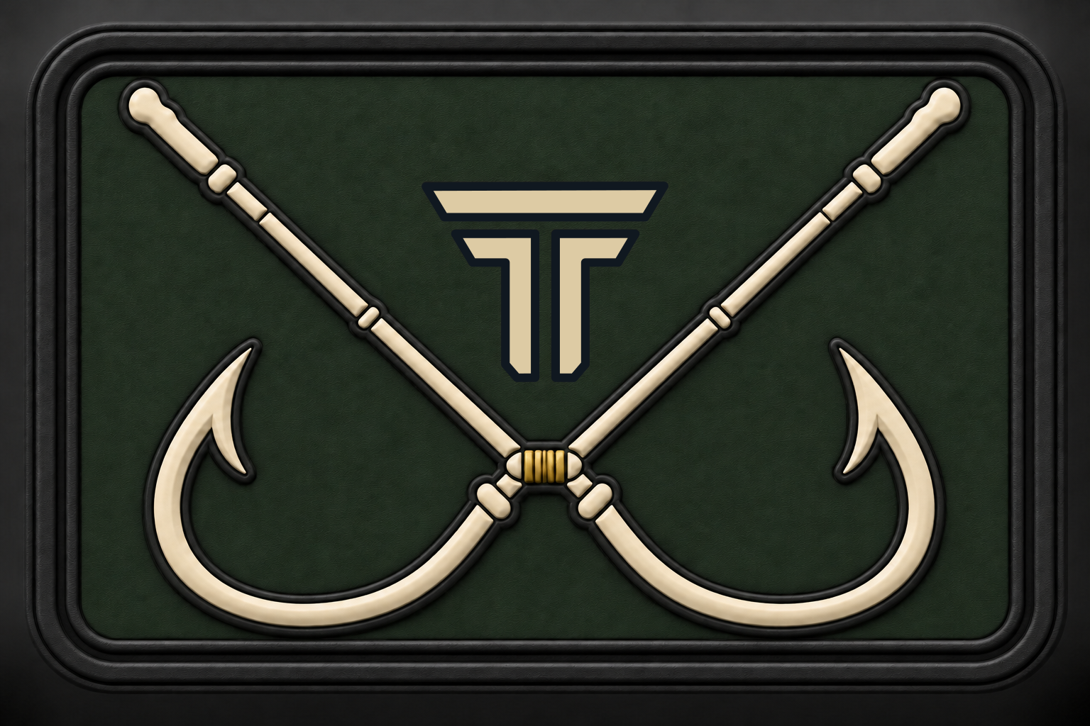 Fishing Forest Brass patch, crossed fish hooks on forest green with the TRPHY mark
