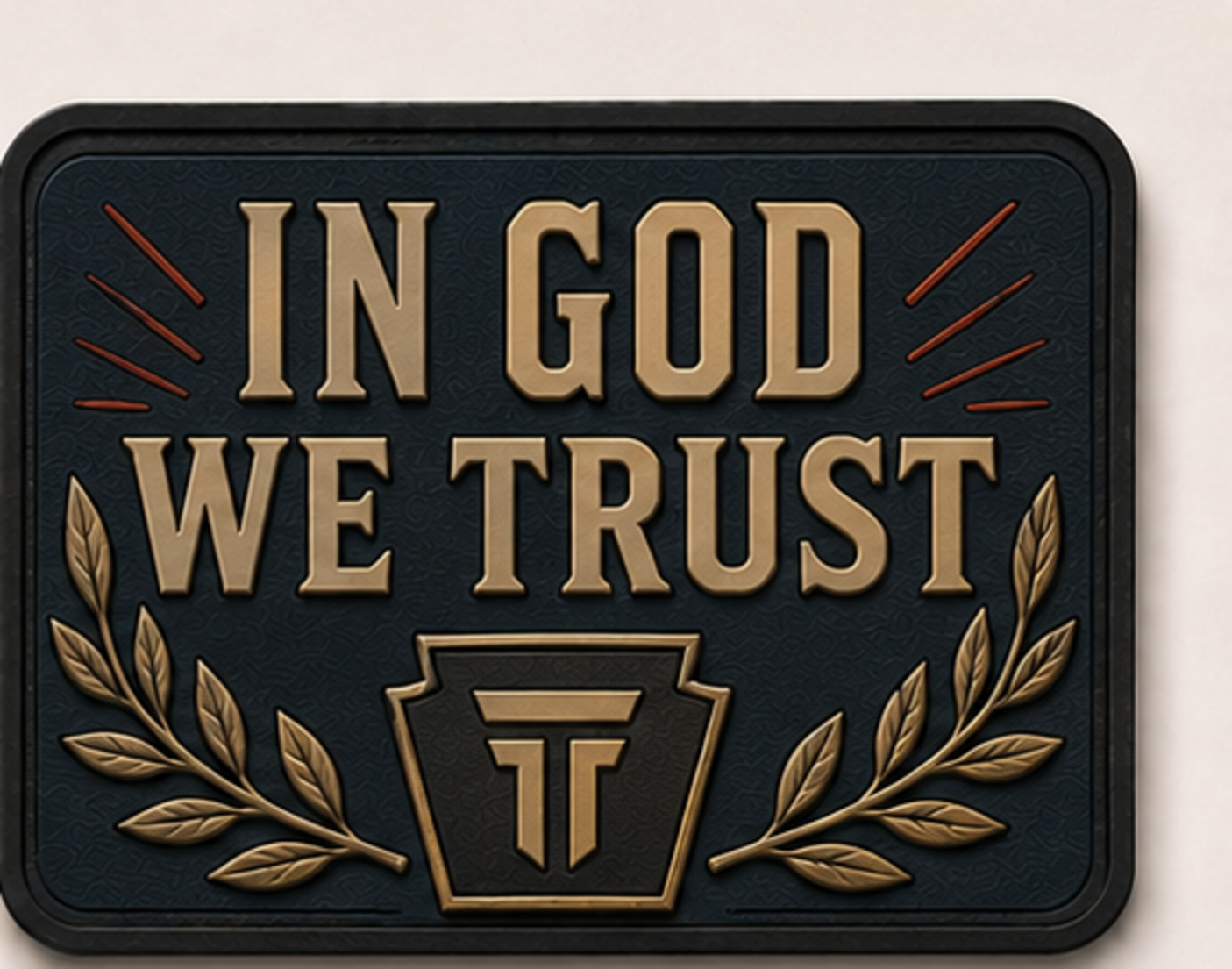 In God We Trust patch, brass lettering with laurel branches on navy