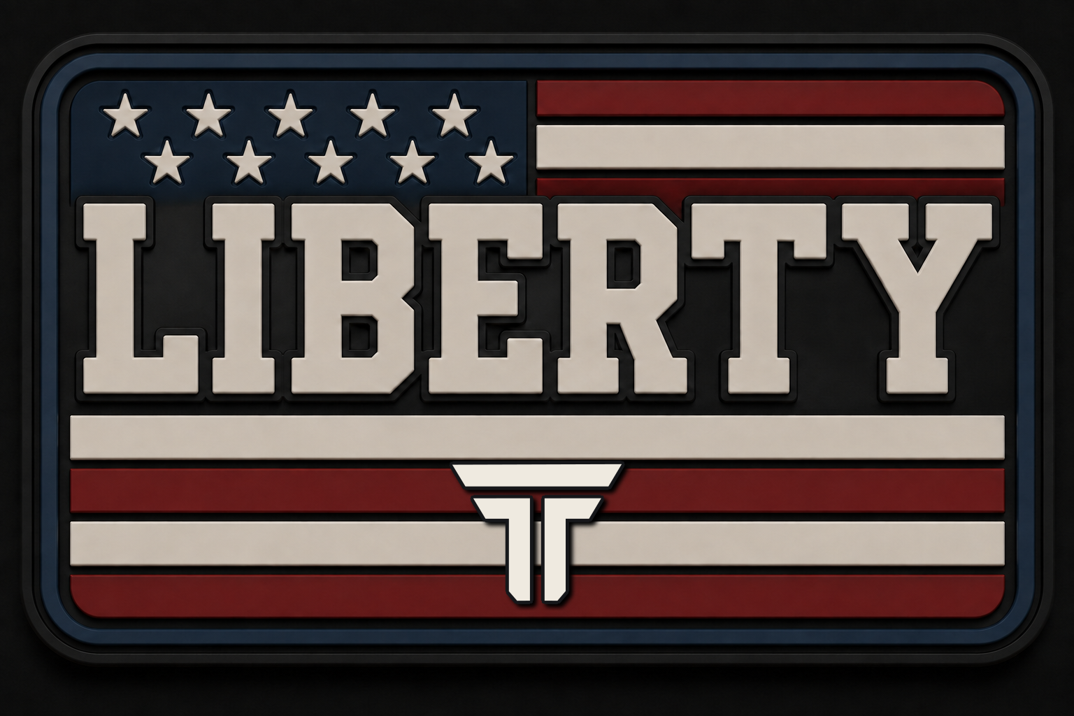 Liberty patch, block lettering across an American flag field