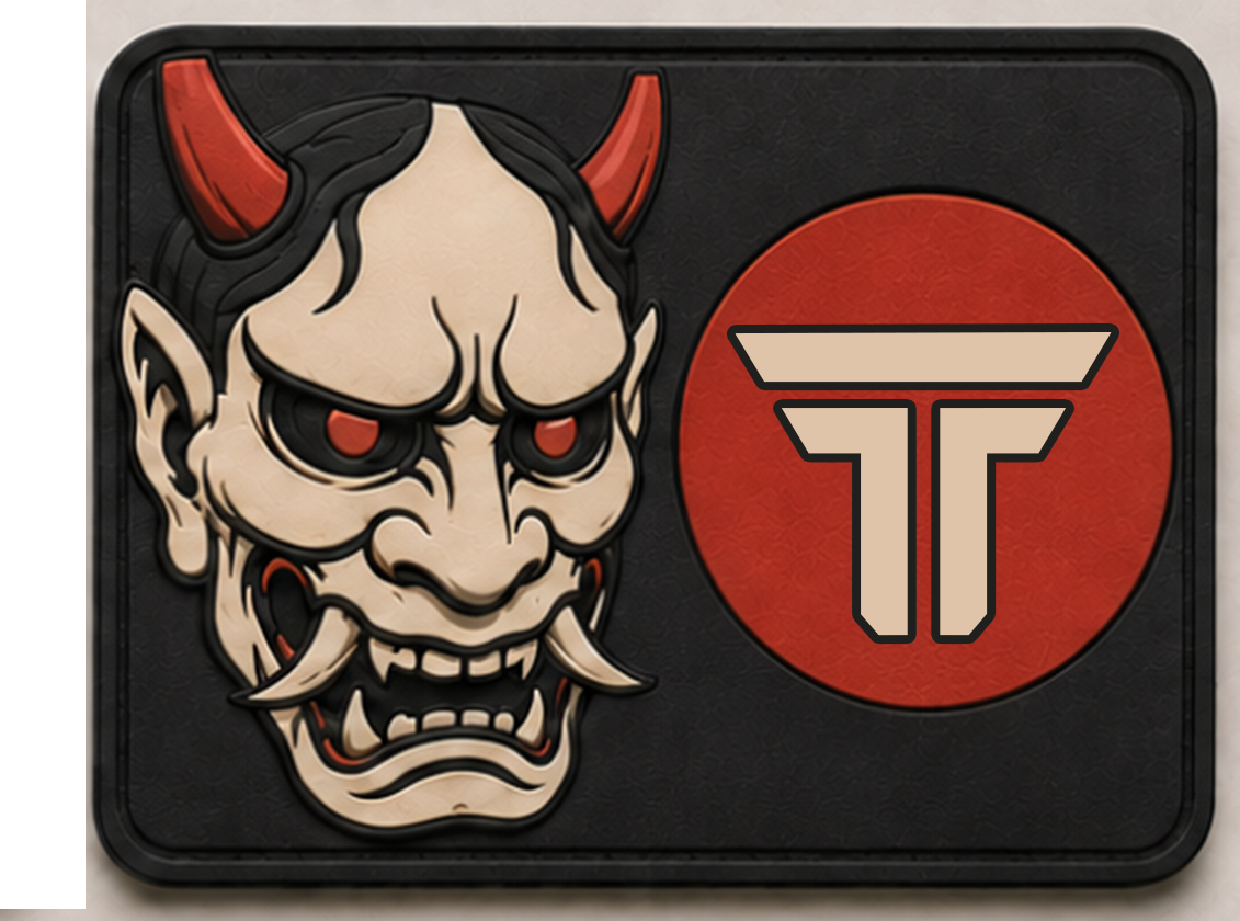 Oni Mask patch, horned Japanese demon mask beside a red sun on black