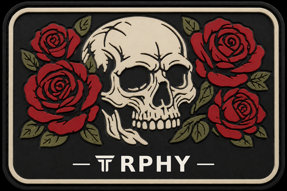 Skull and Roses patch, bone skull framed by red roses on black