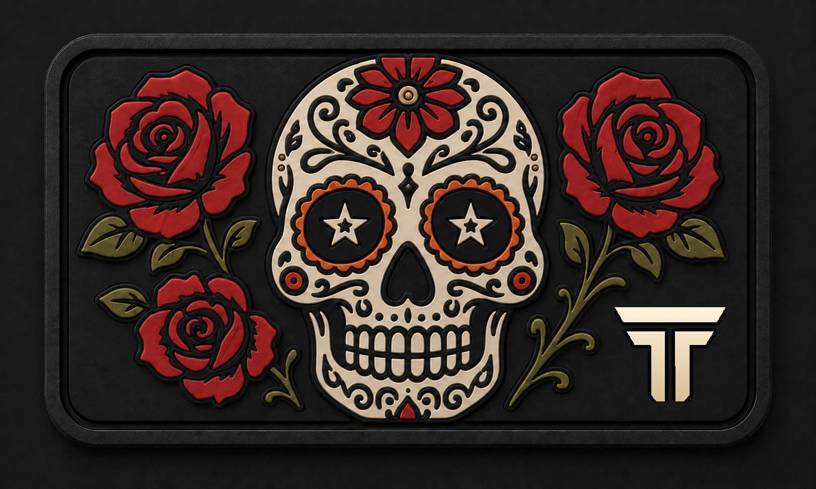 Sugar Skull patch, decorated calavera with lone stars in the eyes and red roses