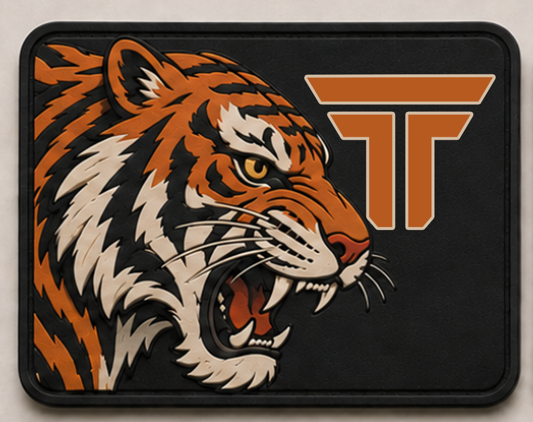Tiger patch, roaring tiger head in orange and cream with an orange TRPHY mark