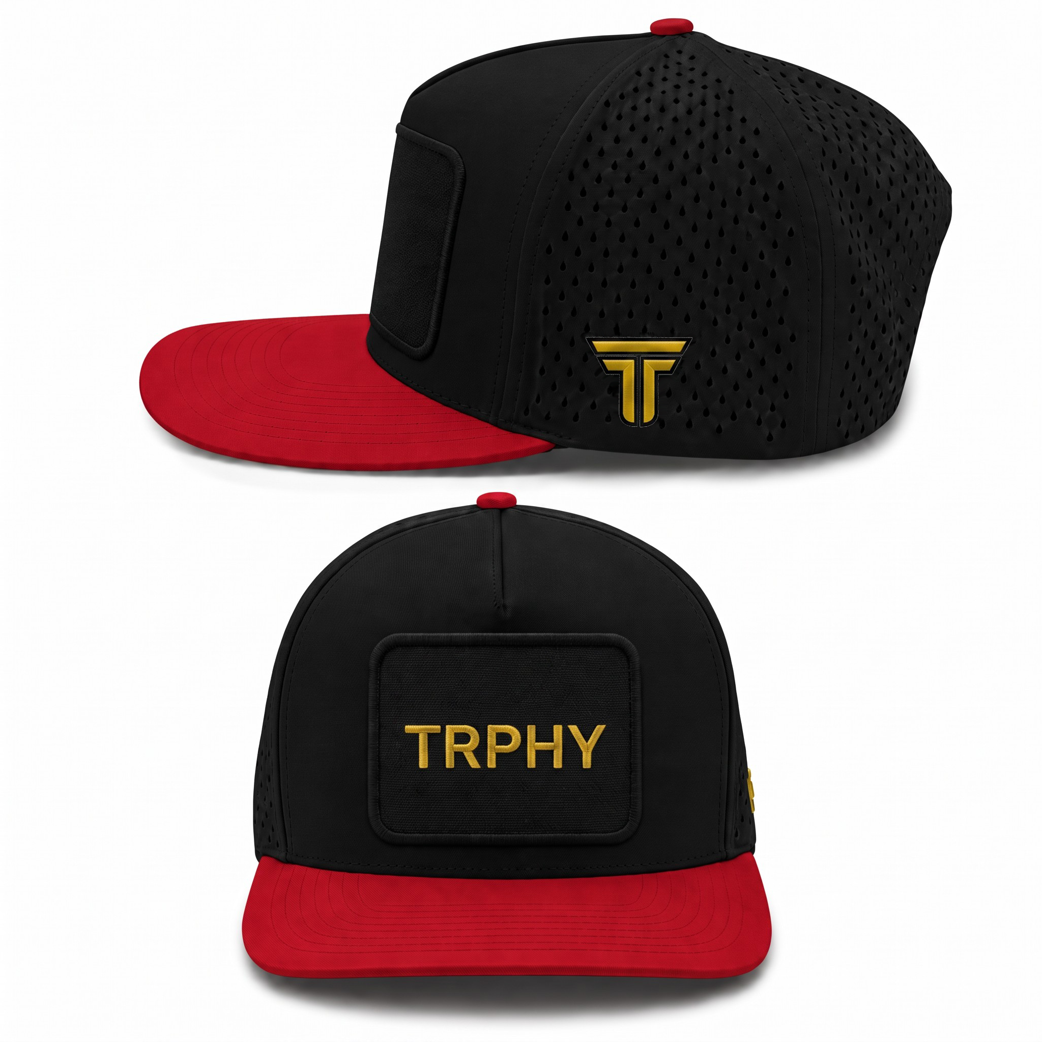 TRPHY five panel patch hat in black with a red bill, front and side views