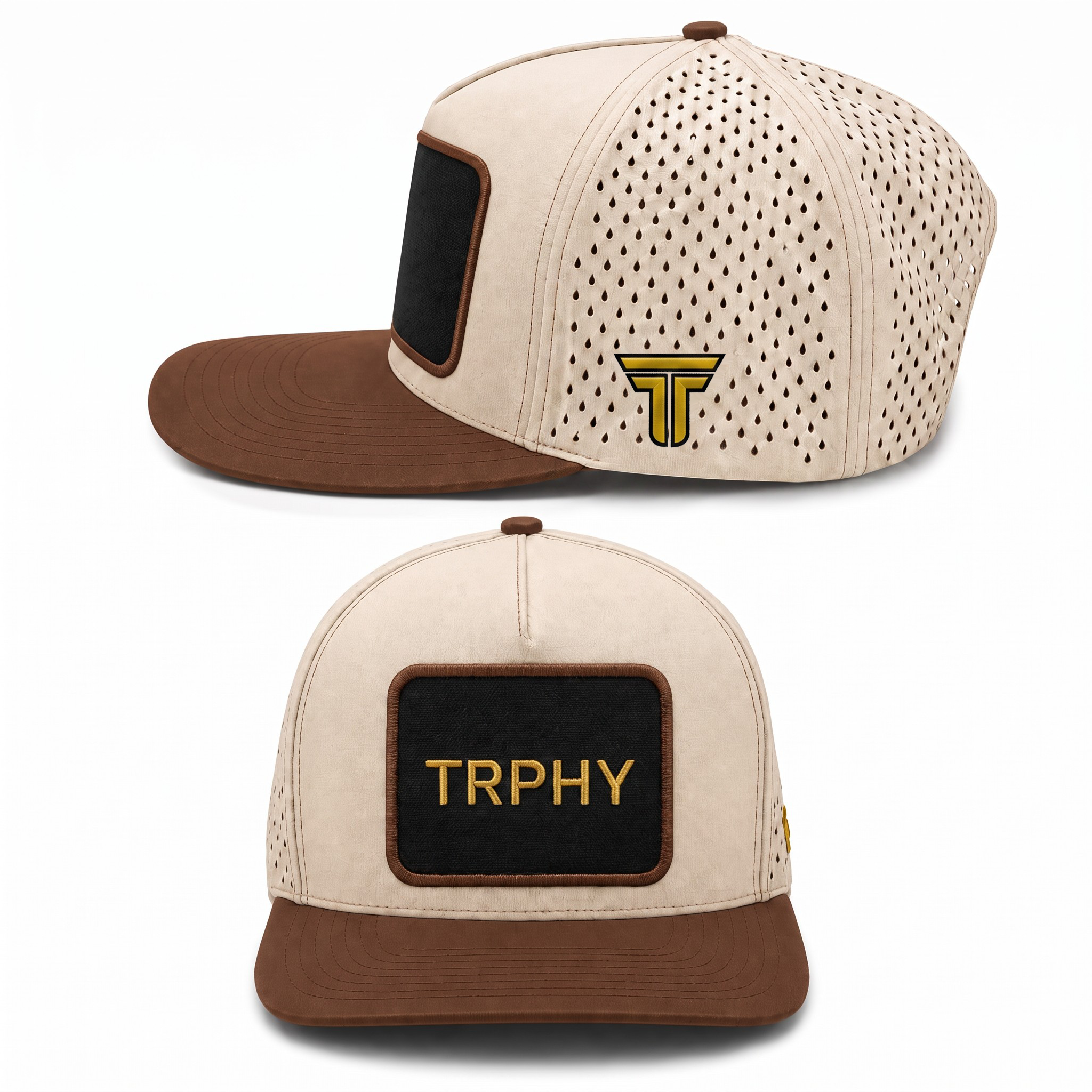 TRPHY five panel patch hat in cream with a brown bill, front and side views