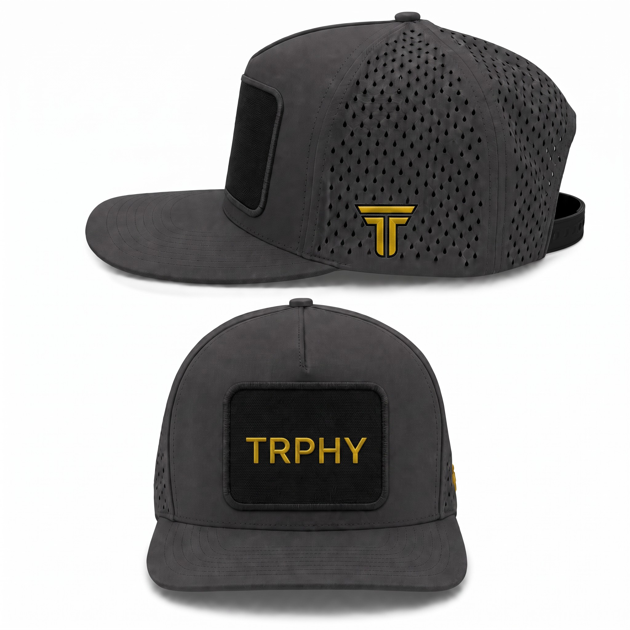 TRPHY five panel patch hat in graphite, front and side views