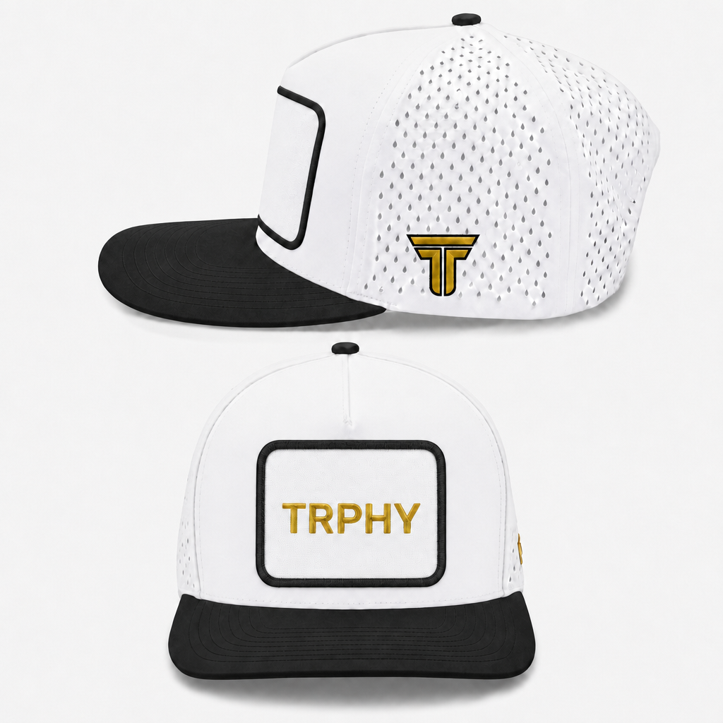 TRPHY five panel patch hat in white with a black bill, front and side views