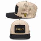 TRPHY five panel patch hat in cream with a black bill, front and side views