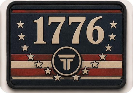 1776 patch, the year over thirteen stars and weathered stripes