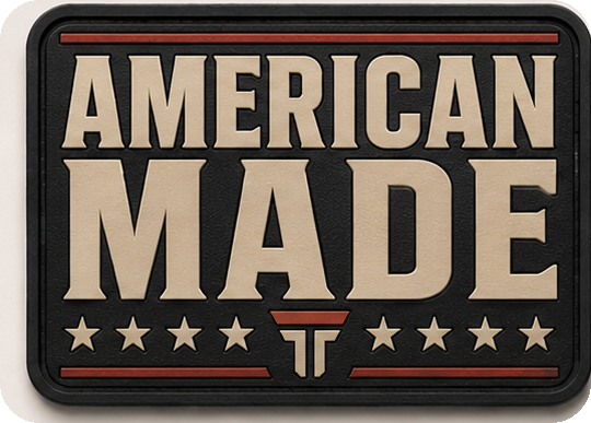 American Made patch, block lettering over red rules with a row of stars