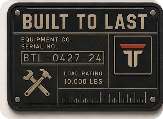 Built To Last patch, equipment data plate with serial number and load rating
