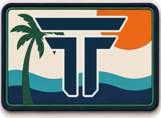 California Coast T patch, palm tree, sun and ocean behind the TRPHY mark