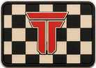 Checkerboard T patch, black and cream checkers behind a red TRPHY mark