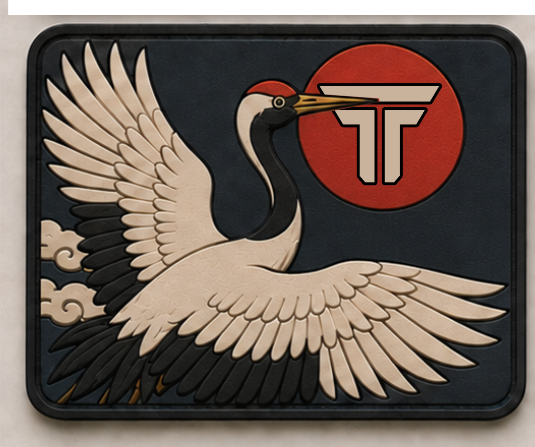 Crane patch, red crowned crane in flight against a red sun on navy