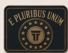 E Pluribus Unum patch, brass seal ringed by thirteen stars on navy
