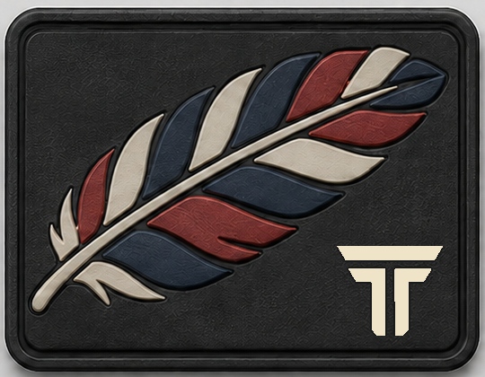 Feather Heritage patch, red navy and bone feather on black