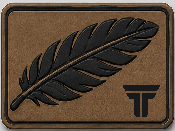 Feather Mono patch, black feather on saddle brown