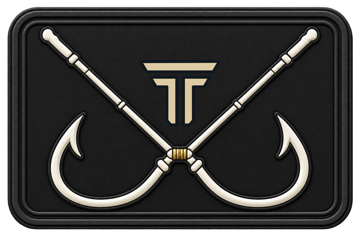 Fishing Original patch, crossed bone fish hooks on black with the TRPHY mark