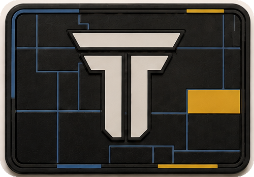Grid Accent T patch, blueprint grid in blue and gold behind the TRPHY mark
