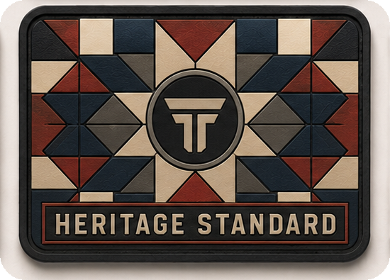 Heritage Standard patch, quilt block pattern with the TRPHY mark at center
