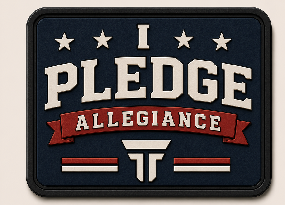 I Pledge Allegiance patch, collegiate lettering on navy with a red banner