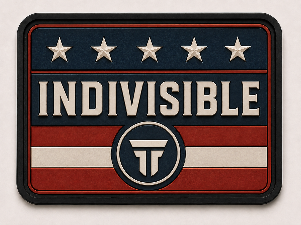 Indivisible patch, five stars over red and cream stripes on navy