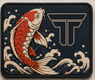 Koi patch, red and cream koi rising through a breaking wave on navy