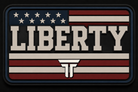 Liberty patch, block lettering across an American flag field