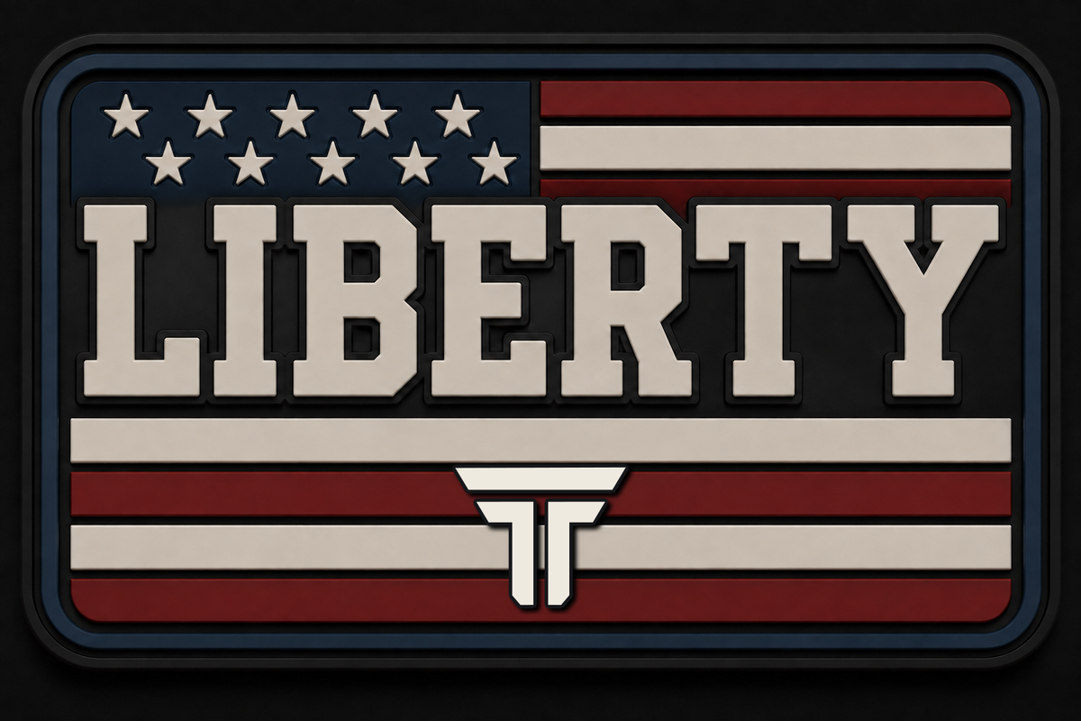 Liberty patch, block lettering across an American flag field