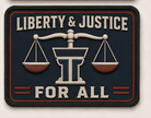 Liberty and Justice For All patch, balanced scales on navy with red