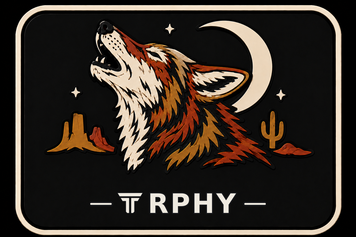 Midnight Coyote patch, coyote howling at a crescent moon over desert buttes