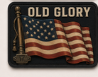 Old Glory patch, aged American flag on a brass staff