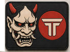 Oni Mask patch, horned Japanese demon mask beside a red sun on black