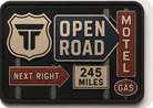 Open Road patch, highway signs with a route shield, motel and gas markers