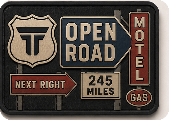 Open Road patch, highway signs with a route shield, motel and gas markers