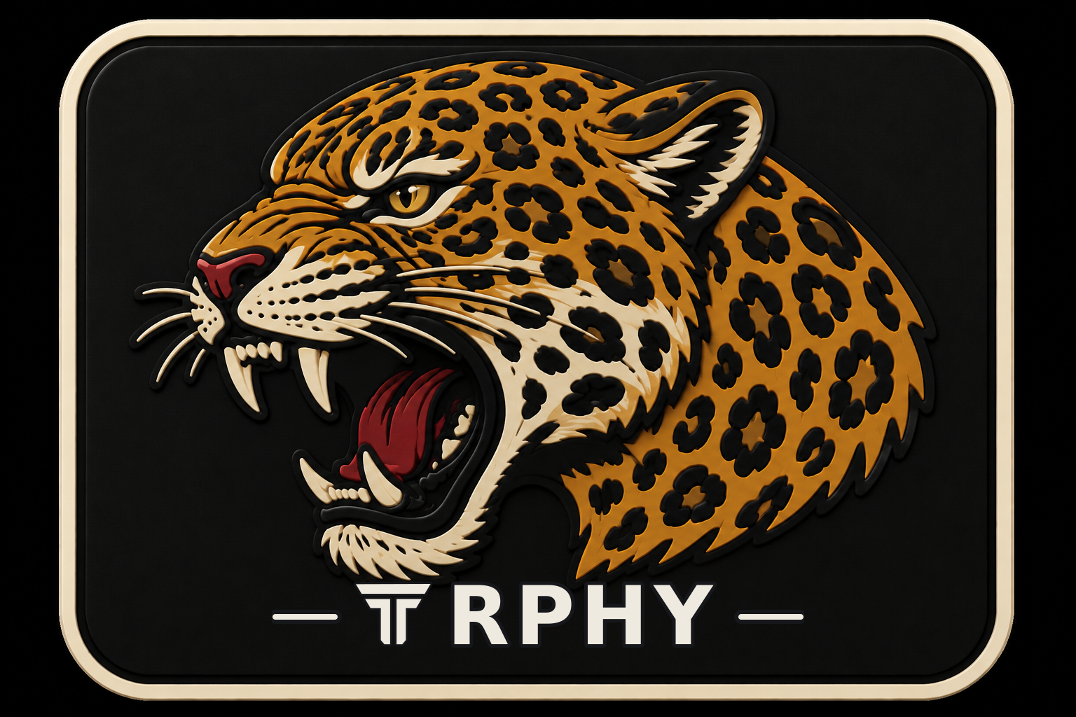 Roaring Jaguar patch, spotted jaguar head mid roar in gold on black