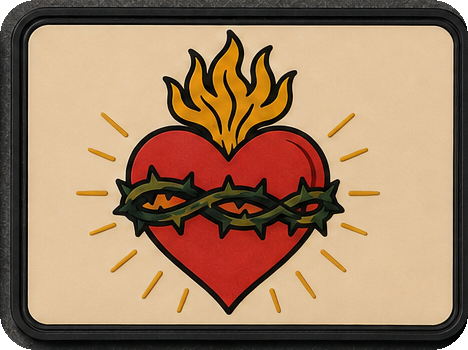 Sacred Heart patch, traditional tattoo flash flaming heart wrapped in thorns