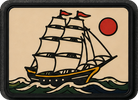 Sailing Ship patch, traditional tattoo flash of a tall ship under a red sun