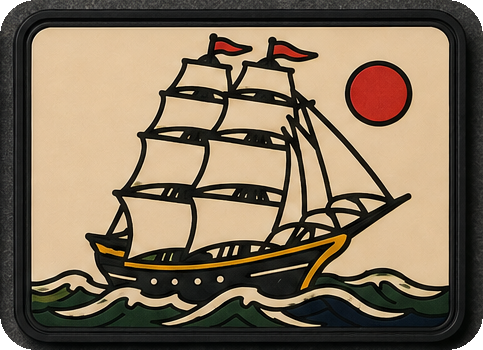Sailing Ship patch, traditional tattoo flash of a tall ship under a red sun