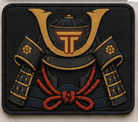 Samurai patch, kabuto helmet with gold horns and red cord on black