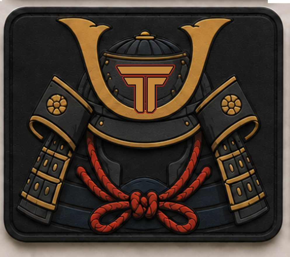Samurai patch, kabuto helmet with gold horns and red cord on black