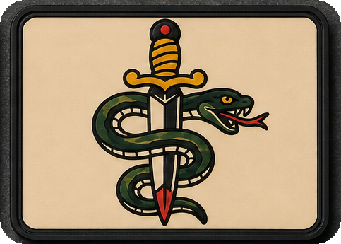 Snake and Dagger patch, traditional tattoo flash of a snake coiled around a dagger