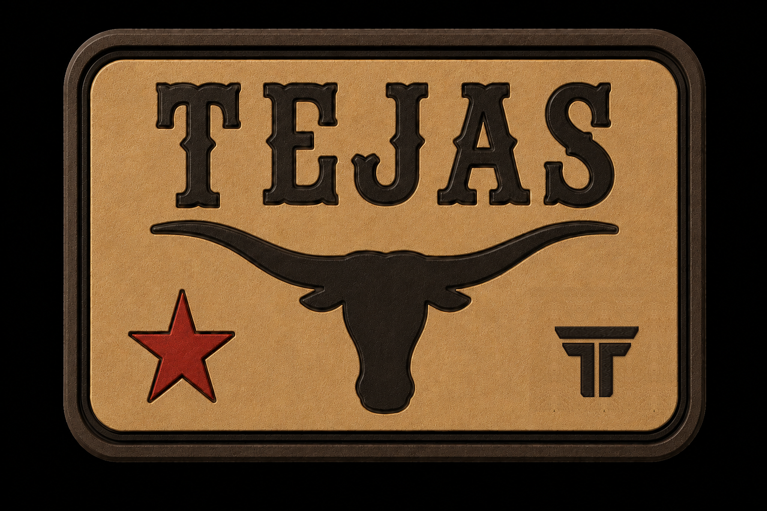 Tejas patch, western lettering over a longhorn silhouette with a red star on tan
