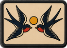 Traditional Swallows patch, two tattoo flash swallows facing a yellow sun